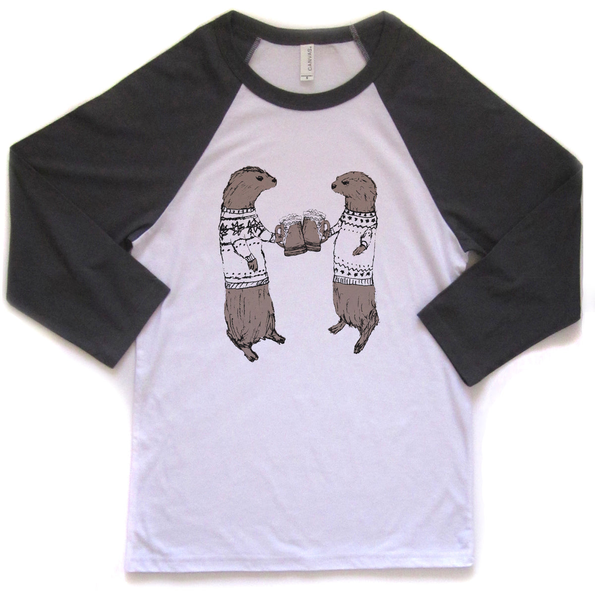 A white and black baseball-style t-shirt with a graphic design of two otters wearing sweaters and holding beer cans.