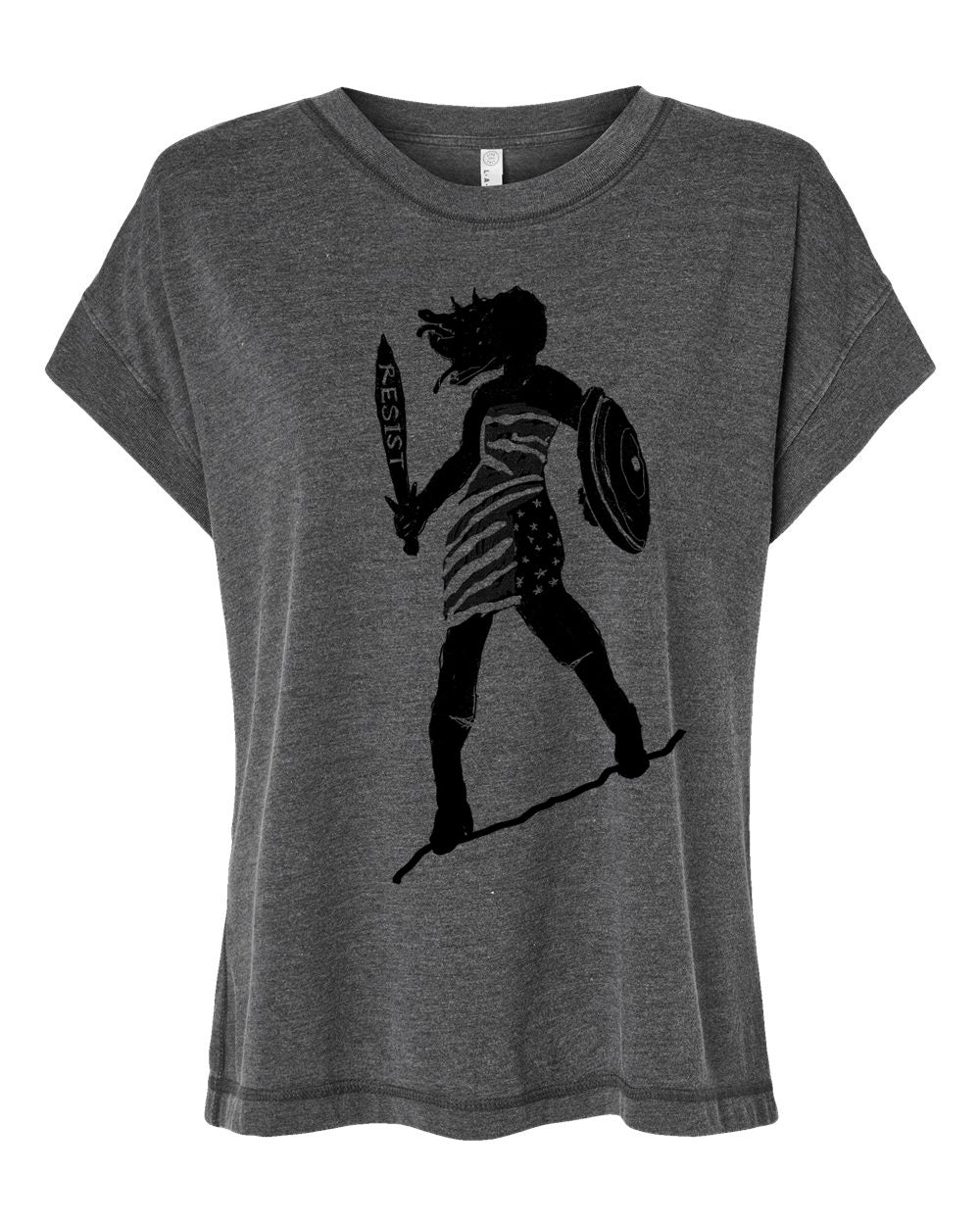 A gray t-shirt with a black graphic design depicting a woman holding a shield and sword, with the word "RESIST" written on the shield.