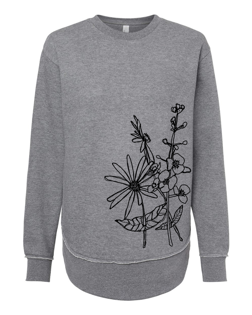A gray sweatshirt with a black floral design on the left side.