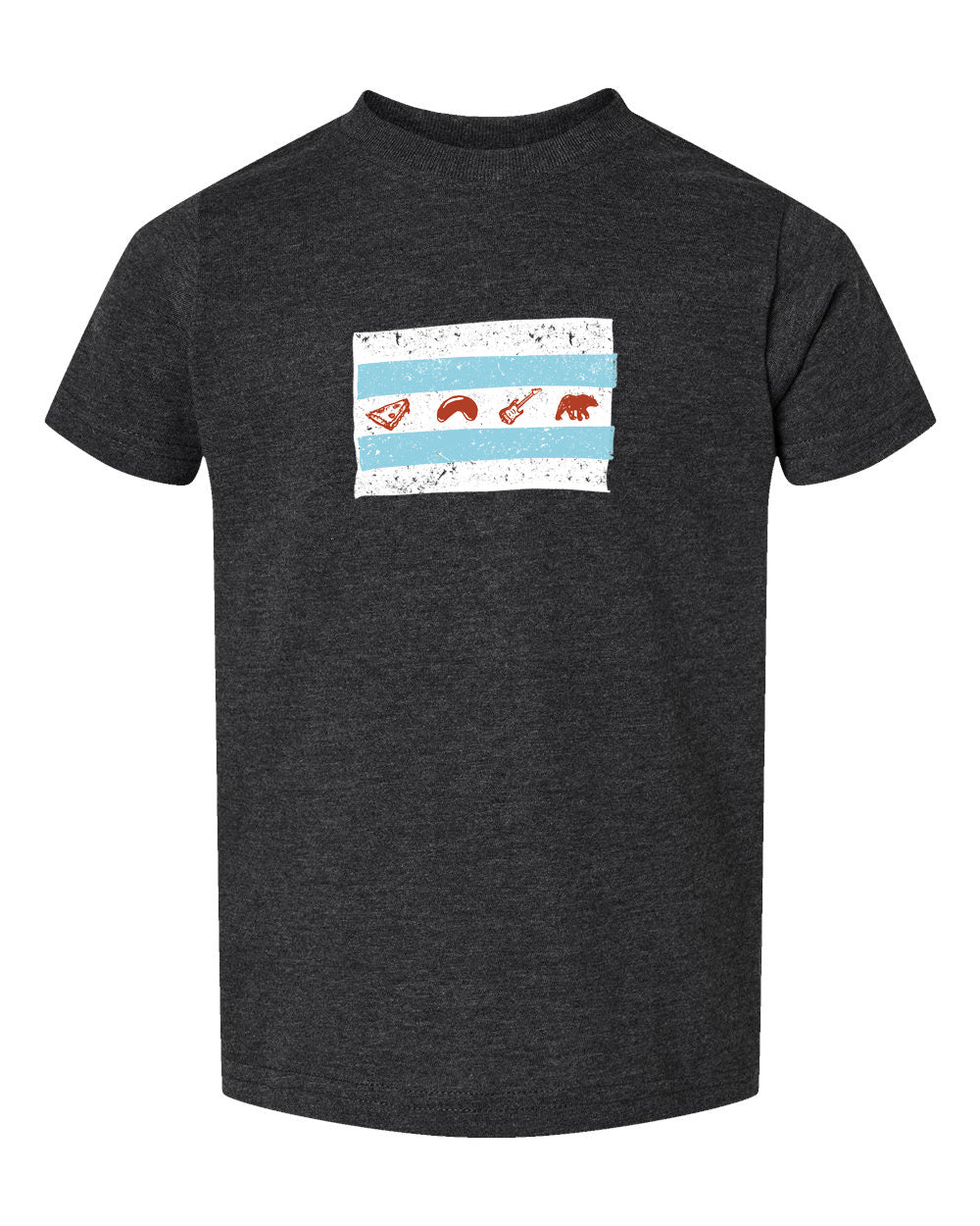 A gray t-shirt with a graphic design featuring a blue and white striped flag with various symbols, including a bear, a guitar, and a flag.