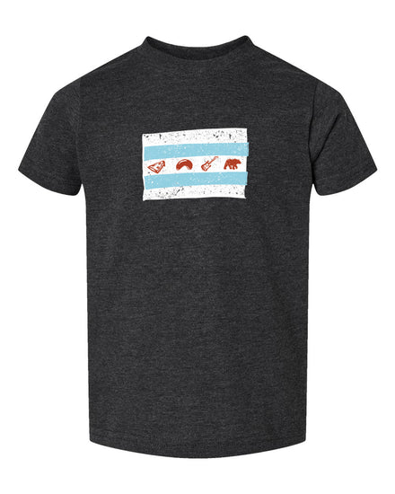 A gray t-shirt with a graphic design featuring a blue and white striped flag with various symbols, including a bear, a guitar, and a flag.