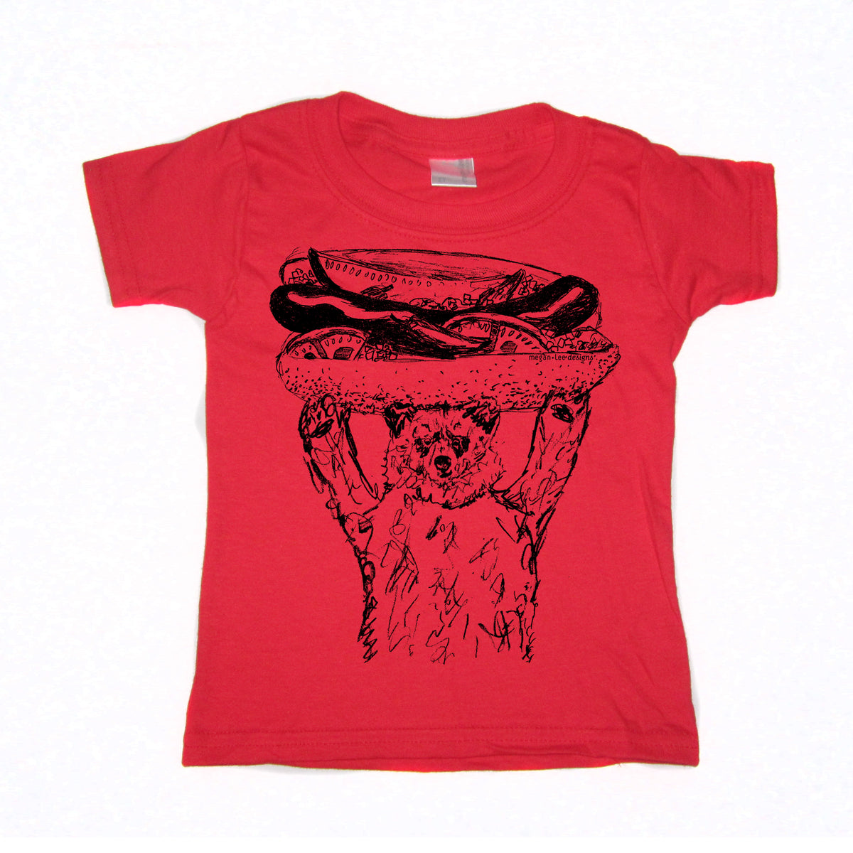 A red t-shirt with a black and white illustration of a bear holding a hot dog on its head.