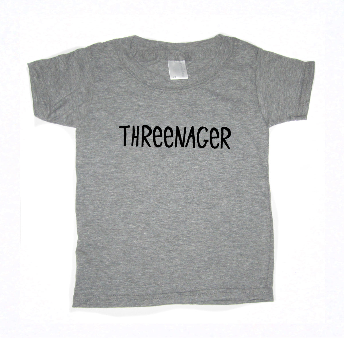 A gray t-shirt with the text "THREEENAGER" printed on it.