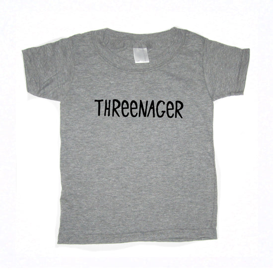 A gray t-shirt with the text "THREEENAGER" printed on it.