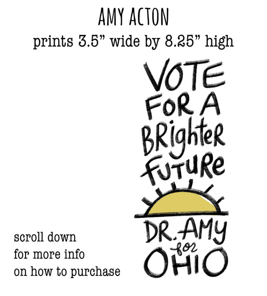 The image is a political campaign poster for Amy Action, featuring a large text message that says "Vote for a brighter future for Ohio" and a sun graphic.