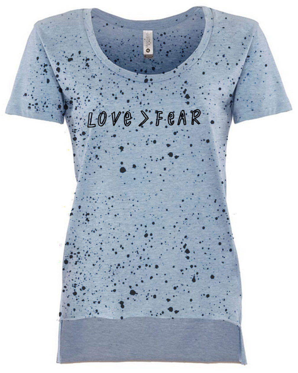 A light blue t-shirt with a pattern of black dots and the text "LOVE > FEAR" printed on it.
