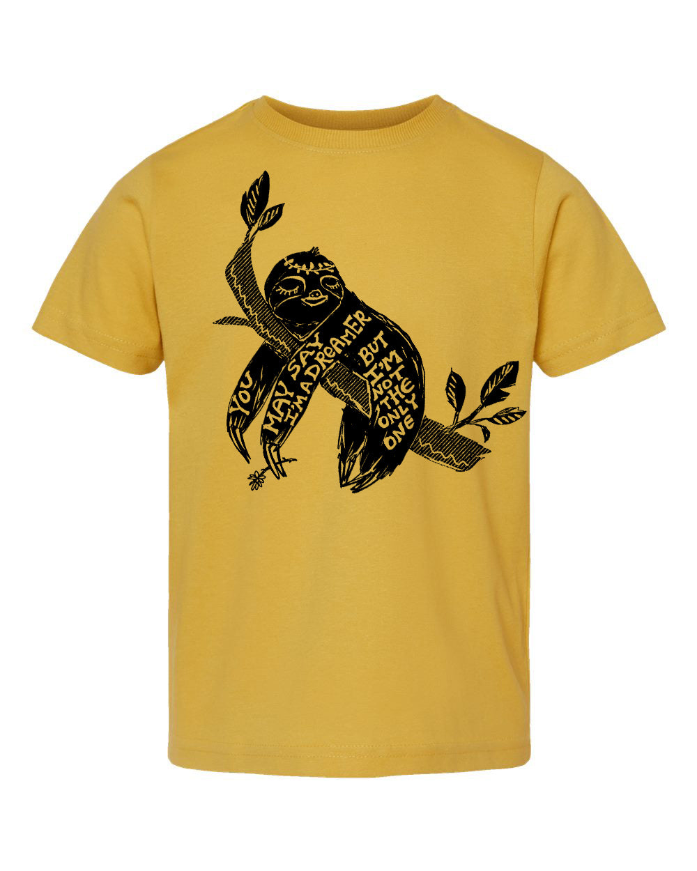 A yellow t-shirt with a black graphic design depicting a sloth hanging from a branch with leaves.