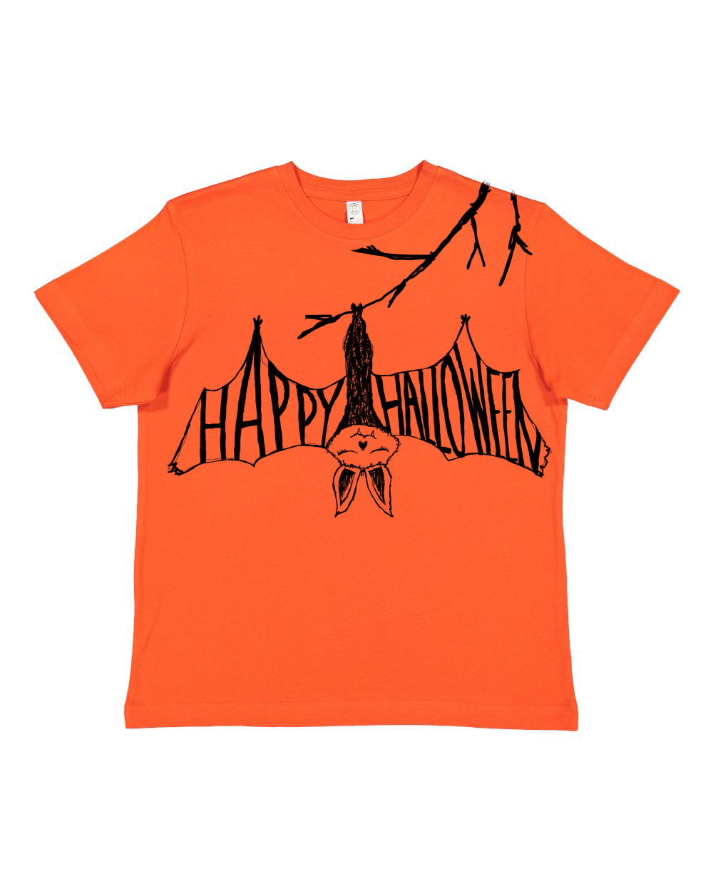 An orange t-shirt with a graphic design featuring a bat hanging upside down from a branch with the text "HAPPY HALLOWEEN" printed on it.