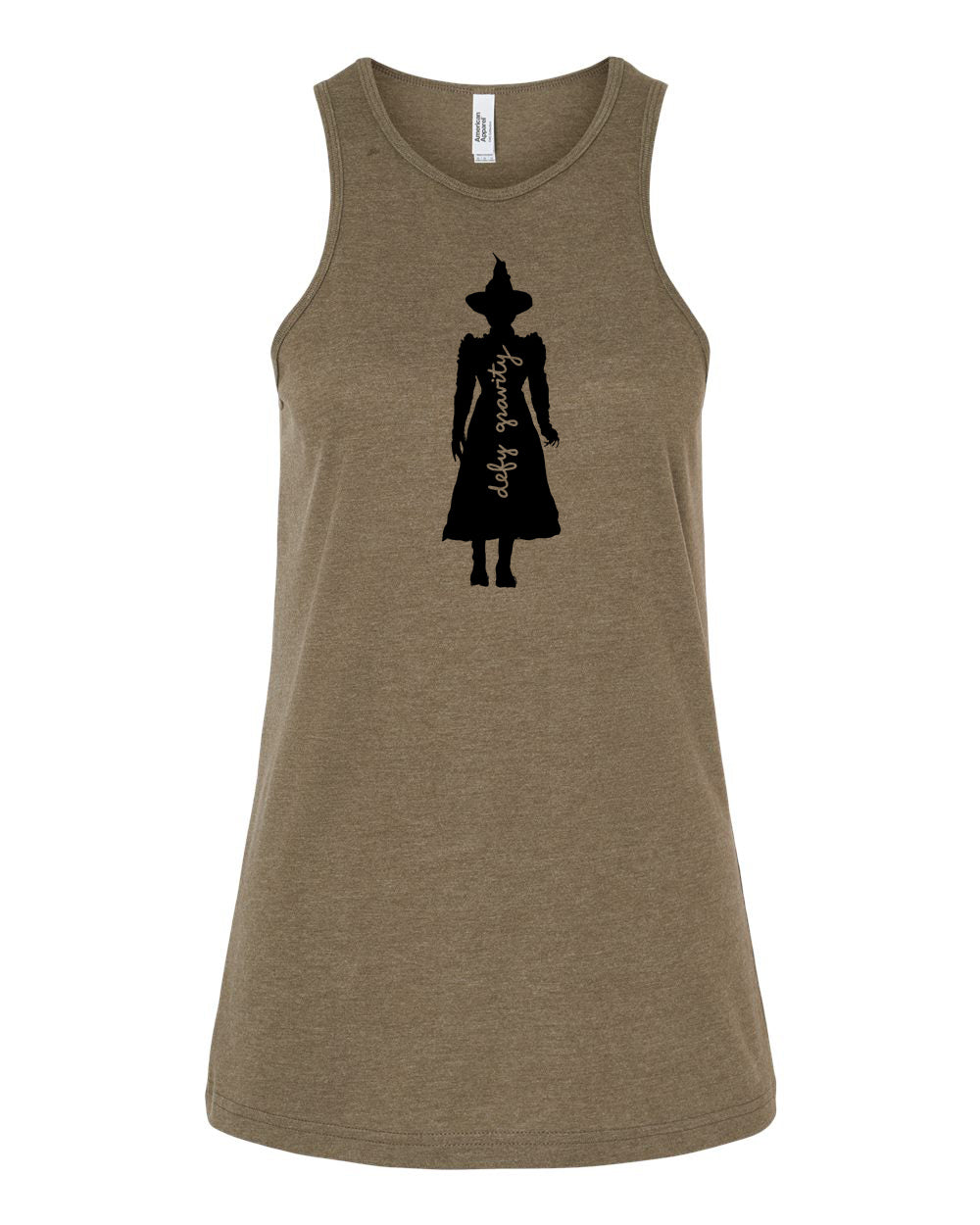 A brown tank top with a black silhouette of a person wearing a hat and a long dress.