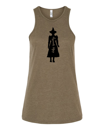 A brown tank top with a black silhouette of a person wearing a hat and a long dress.