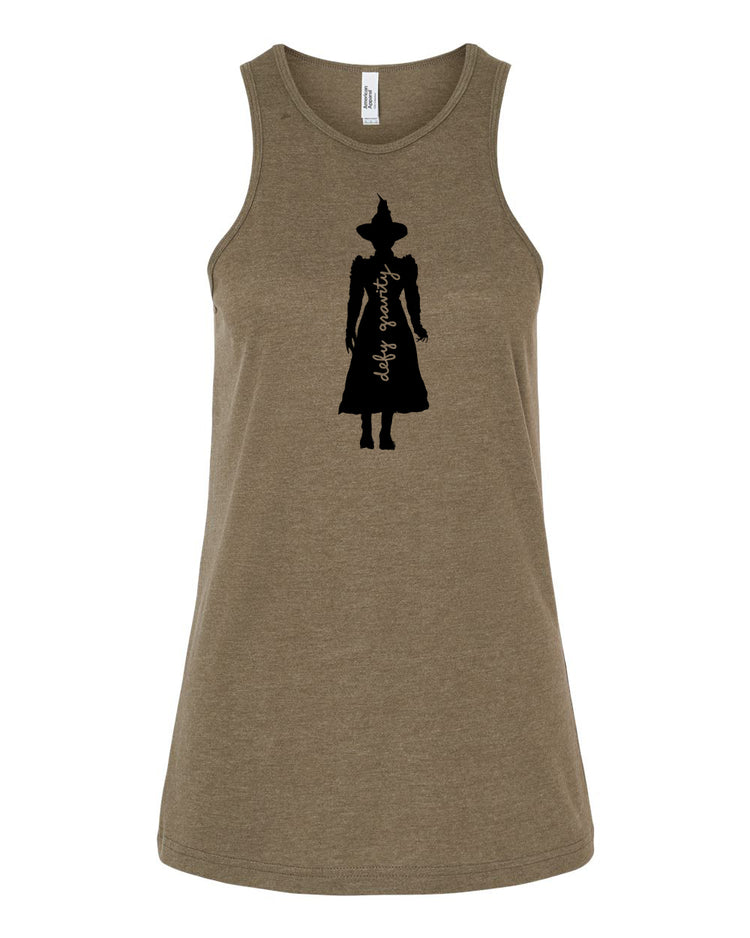 A brown tank top with a black silhouette of a person wearing a hat and a long dress.