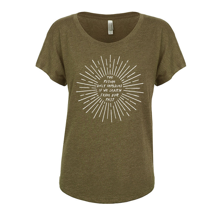 The image is a t-shirt with a graphic design featuring a sunburst pattern and text.