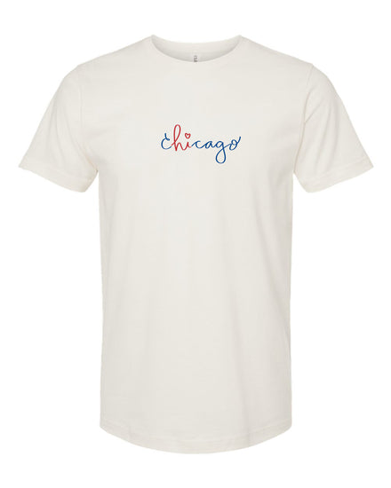 A white t-shirt with the word "Chicago" written in cursive script across the front.