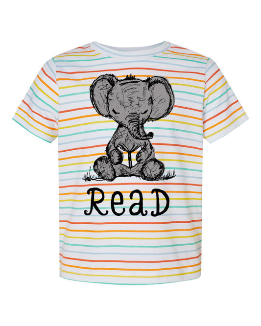 A striped t-shirt with a cartoon elephant holding a book and the text "Read" below it.