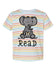 A striped t-shirt with a cartoon elephant holding a book and the text "Read" below it.