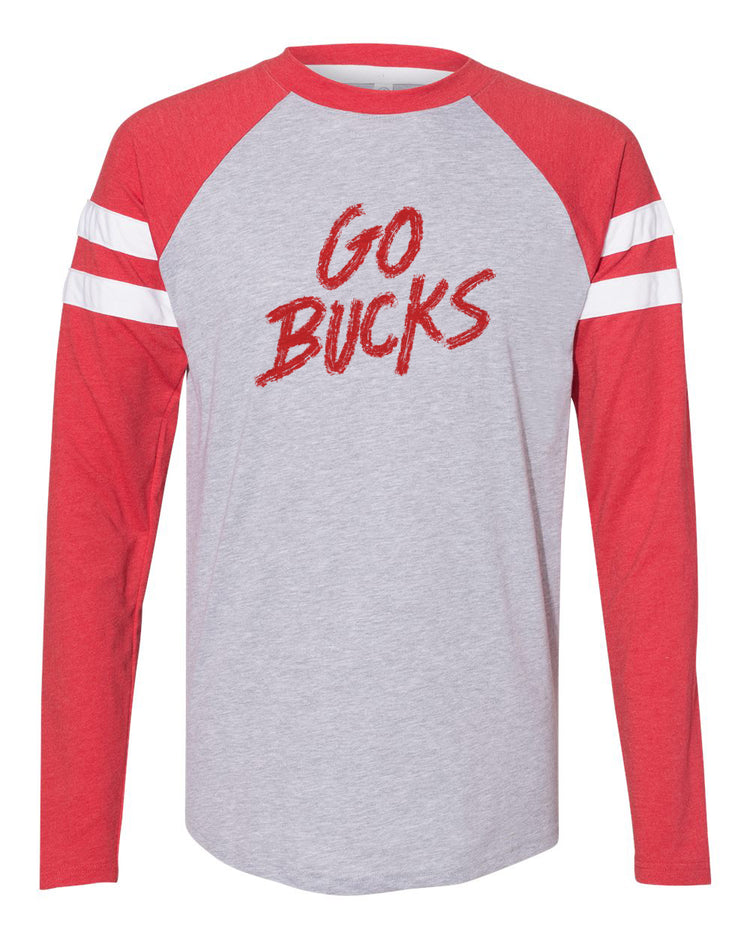A red and gray long-sleeved shirt with the text "GO BUCKS" printed on it in red.