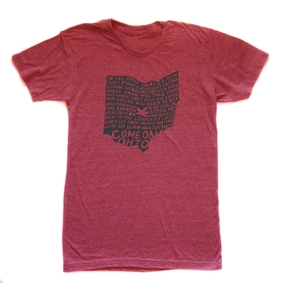 A red t-shirt with a graphic design featuring the text "COME ON OTHIO" in a stylized font, along with various phrases and words related to the state of Ohio.