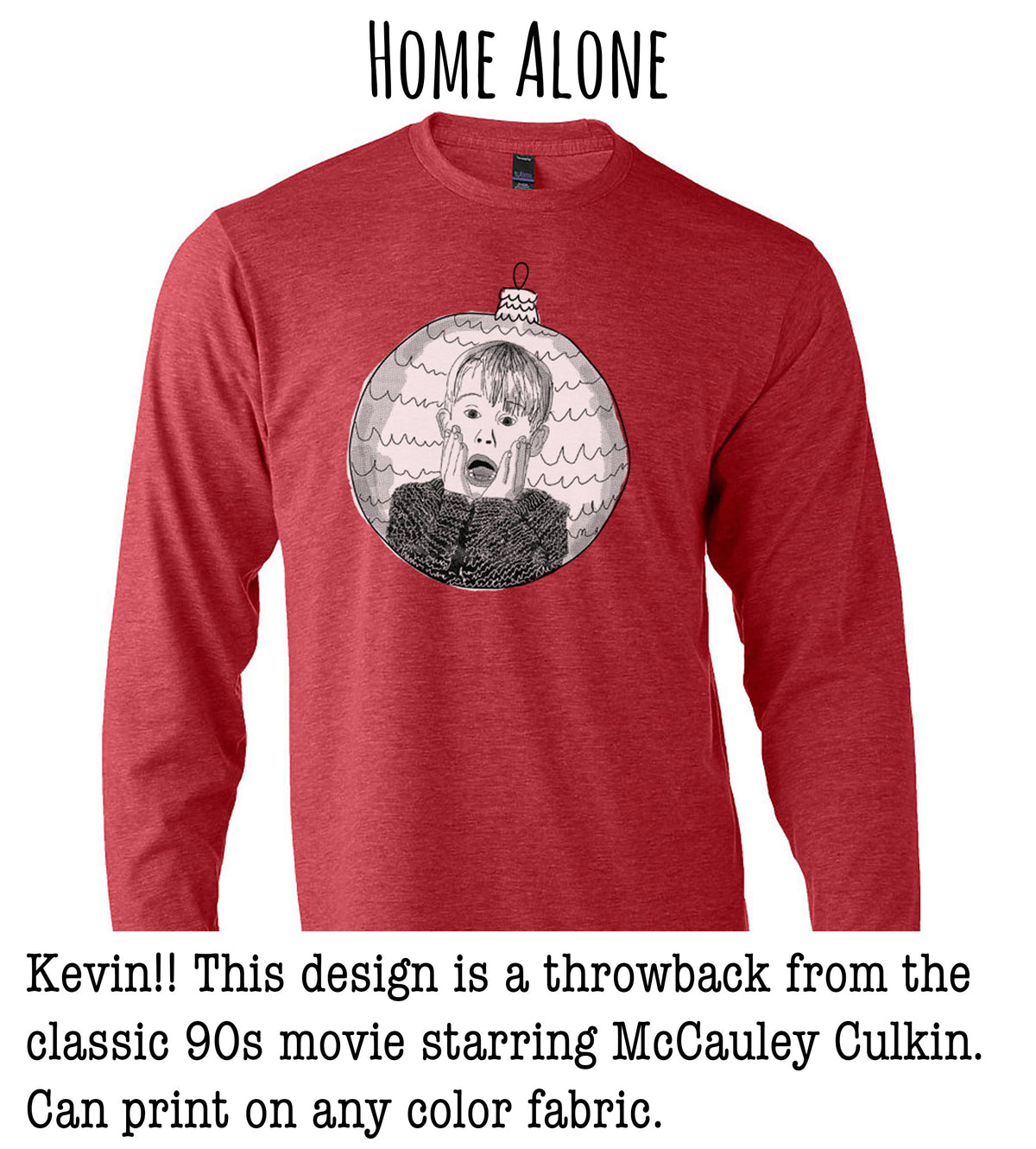 A red long-sleeved t-shirt with a graphic design featuring a character from the classic 90s movie "Home Alone".
