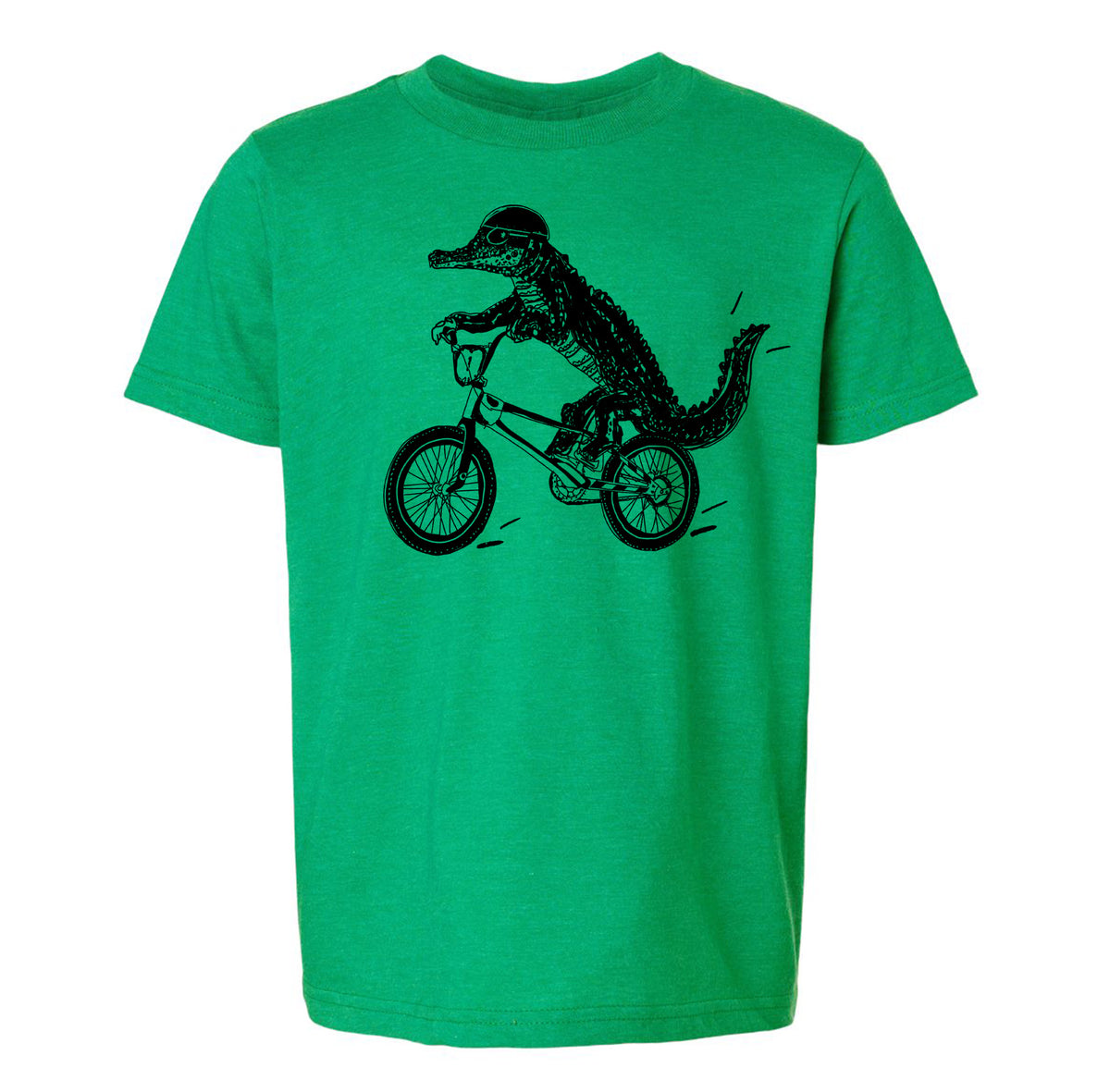 A green t-shirt with a black graphic of a crocodile riding a bicycle.