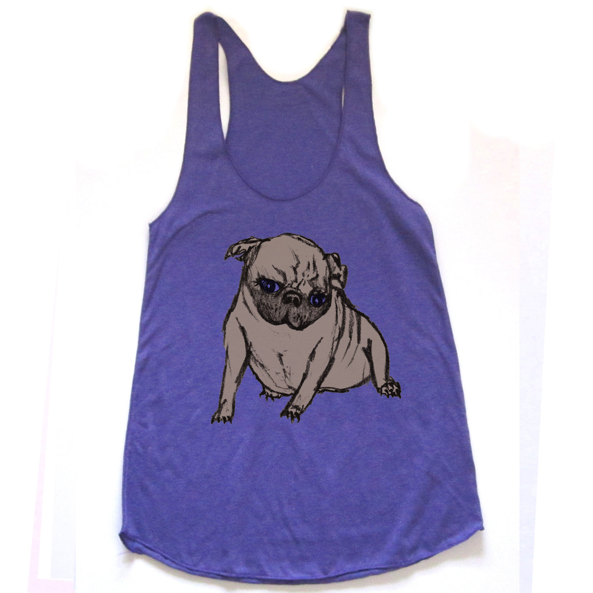 A purple tank top with a graphic of a pug dog printed on it.