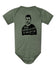 A gray baby onesie with a black and white graphic of a man's face and the text "Very Uninterested in that option" printed on it.