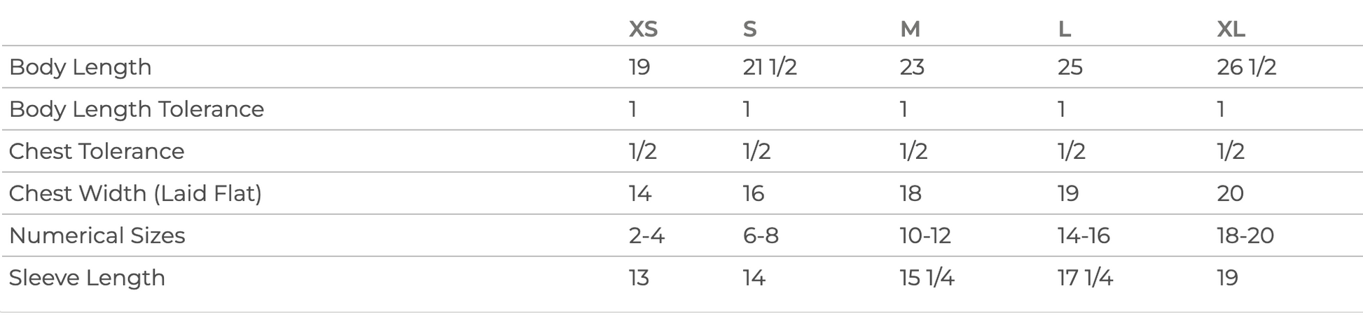 A table with various sizes listed, including XS, S, M, L, and XL, along with corresponding body length, chest tolerance, chest width (laid flat), numerical sizes, and sleeve length.