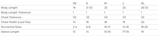 A table with various sizes listed, including XS, S, M, L, and XL, along with corresponding body length, chest tolerance, chest width (laid flat), numerical sizes, and sleeve length.