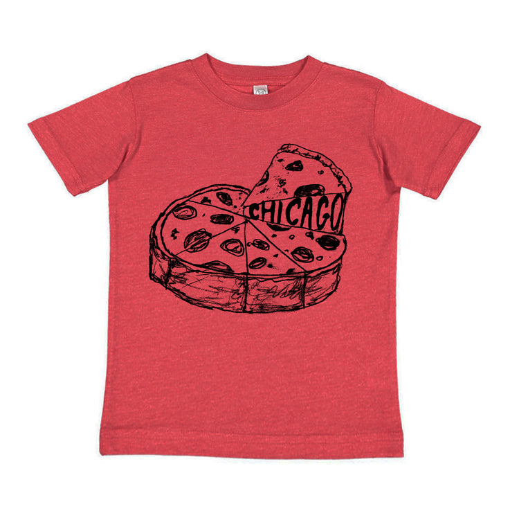 A red t-shirt with a graphic design depicting a slice of pizza with the word "CHICAGO" written on it.