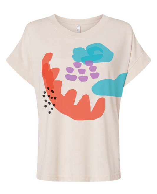 a white t-shirt with a colorful abstract design on it.