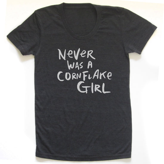 A black t-shirt with white text printed on it.