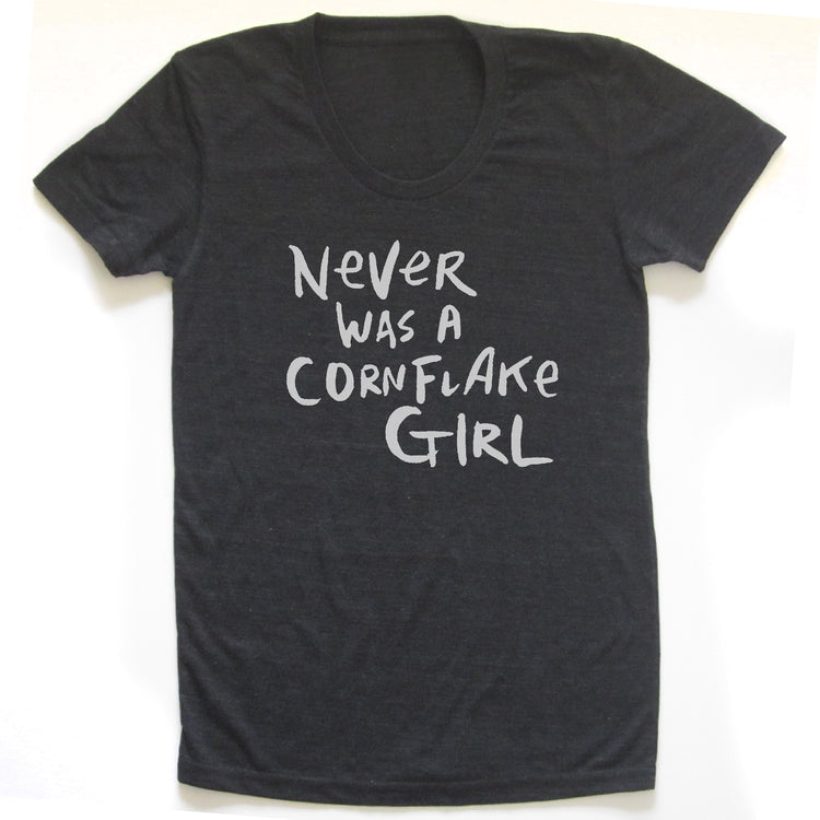 A black t-shirt with white text printed on it.
