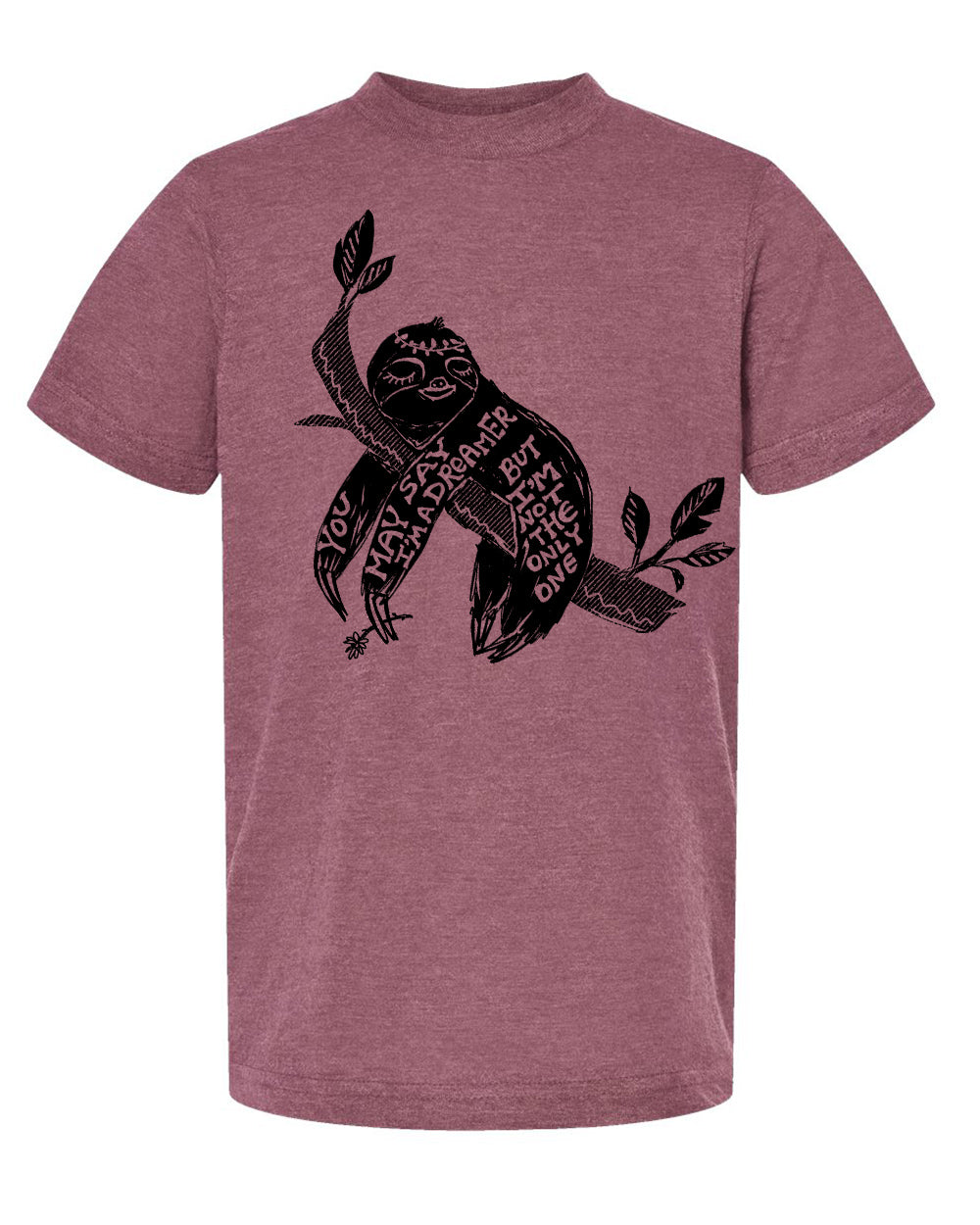 A t-shirt with a graphic design depicting a sloth hanging from a branch.