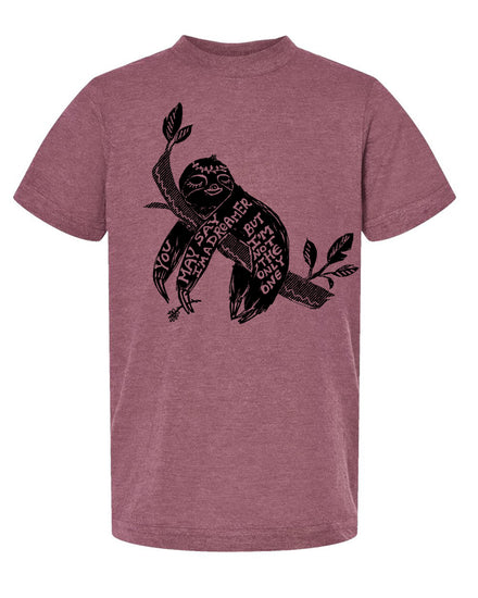 A t-shirt with a graphic design depicting a sloth hanging from a branch.