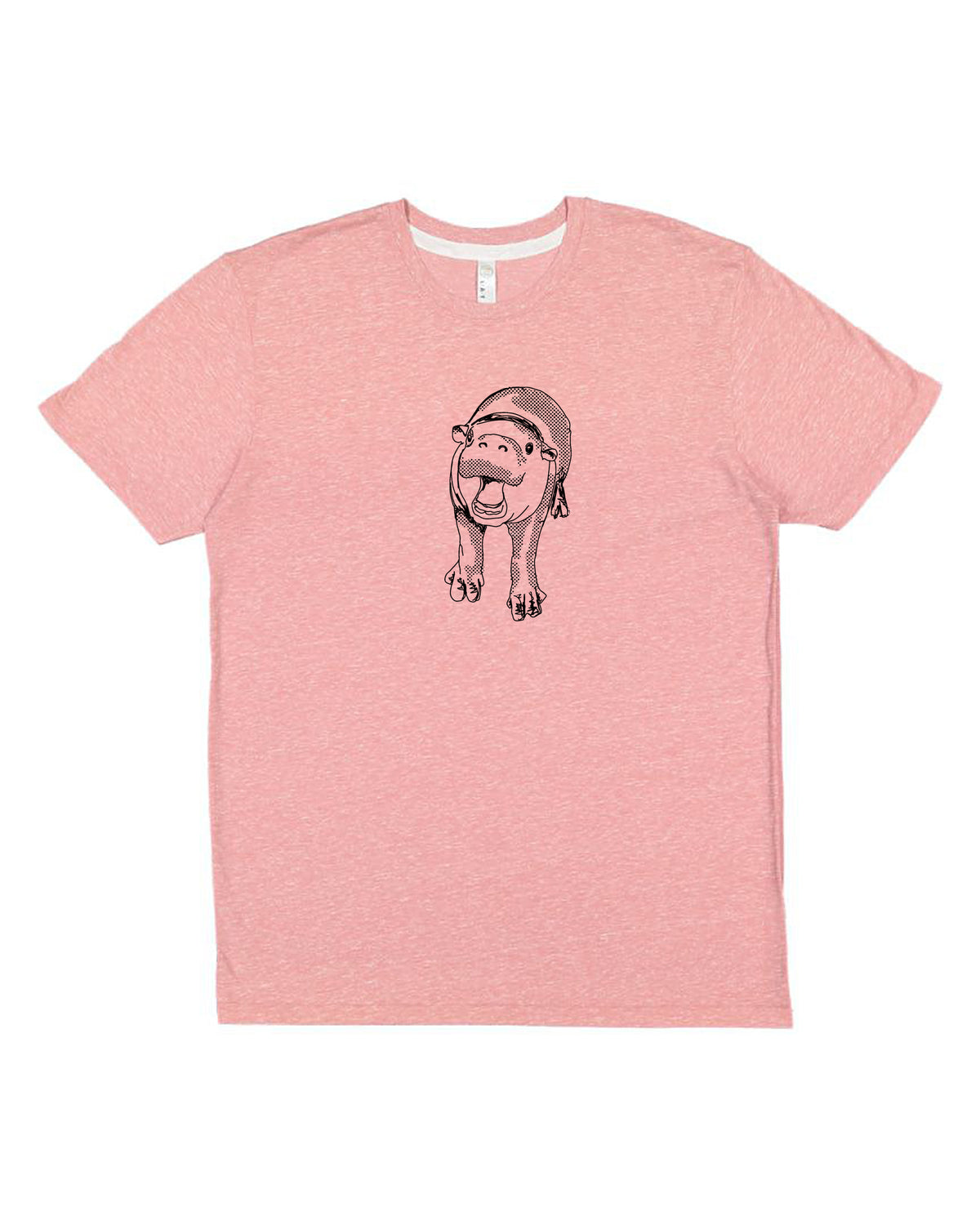 A pink t-shirt with a black and white illustration of a cartoon character on it.