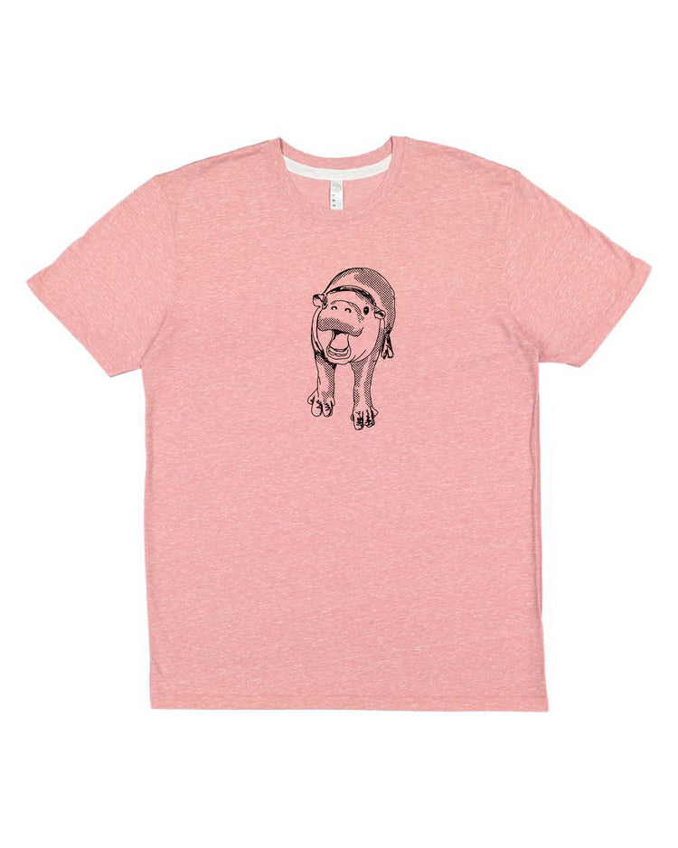 A pink t-shirt with a black and white illustration of a cartoon character on it.