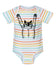 A striped baby onesie with a cat graphic printed on it.