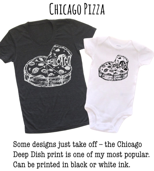 two t-shirts with a Chicago-themed design, including a pizza and the word "CHICAGO" printed on them.