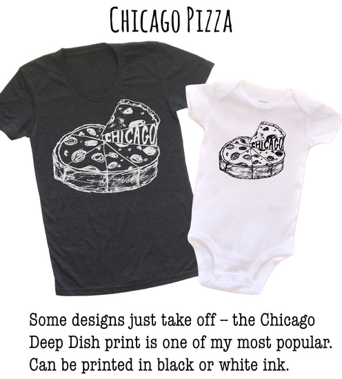 two t-shirts with a Chicago-themed design, including a pizza and the word "CHICAGO" printed on them.