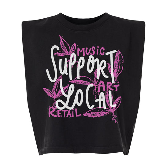 A black crop top with a graphic design featuring text in pink and white colors.