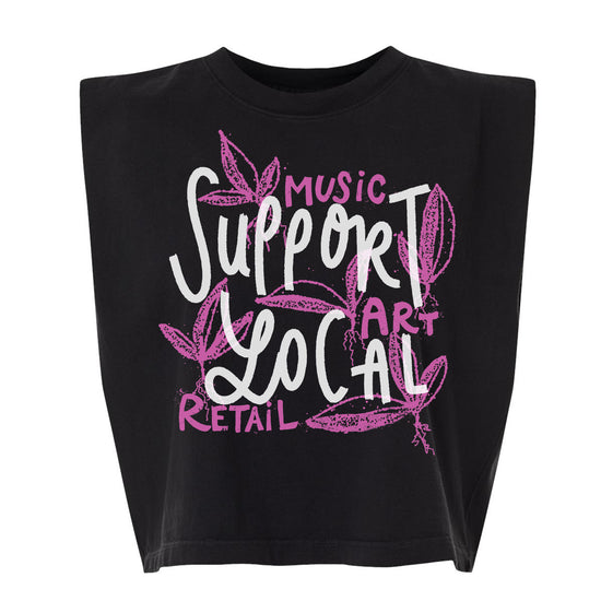 A black crop top with a graphic design featuring text in pink and white colors.