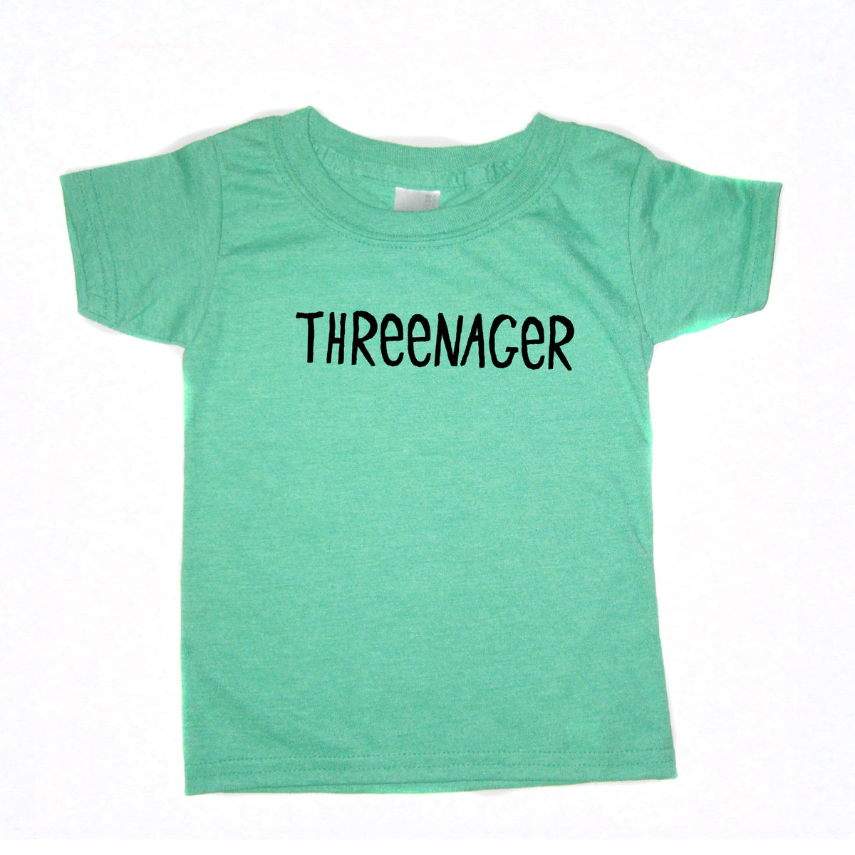 A green t-shirt with the text "THREEENAGER" printed on it.