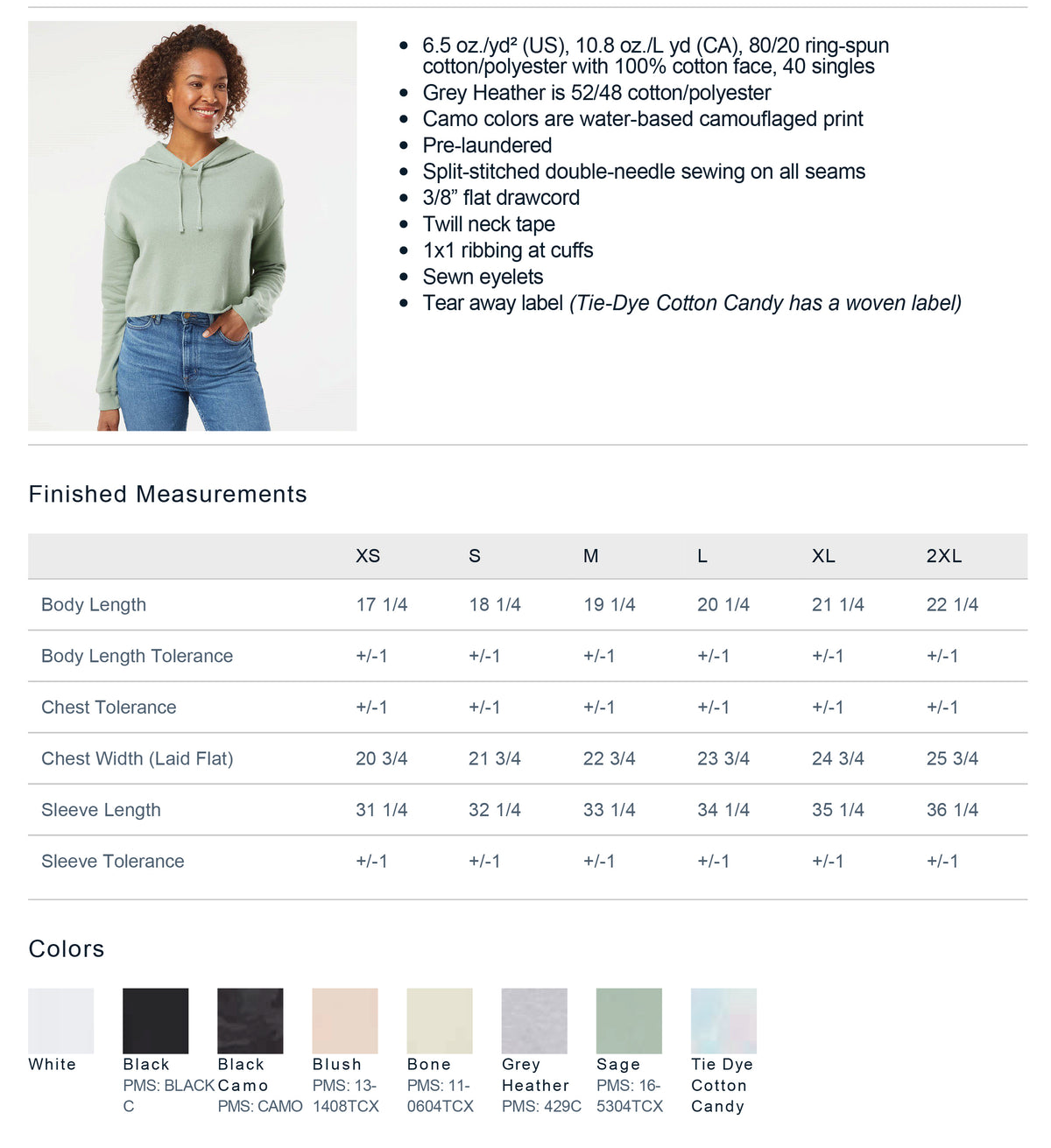The image is a collage of multiple images, and I will describe each one individually. The image contains a woman wearing a grey hoodie, and there are color swatches for different clothing items.