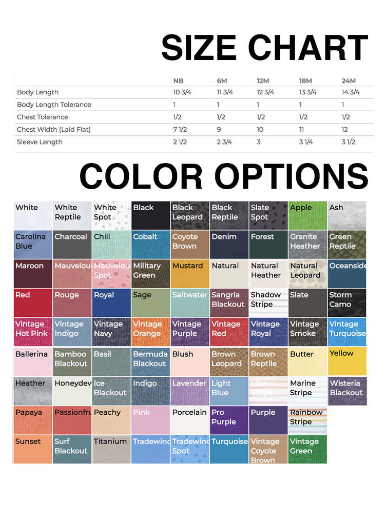 The image is a size chart that provides color options for various clothing items, including a white, black, blue, red, and yellow color palette.