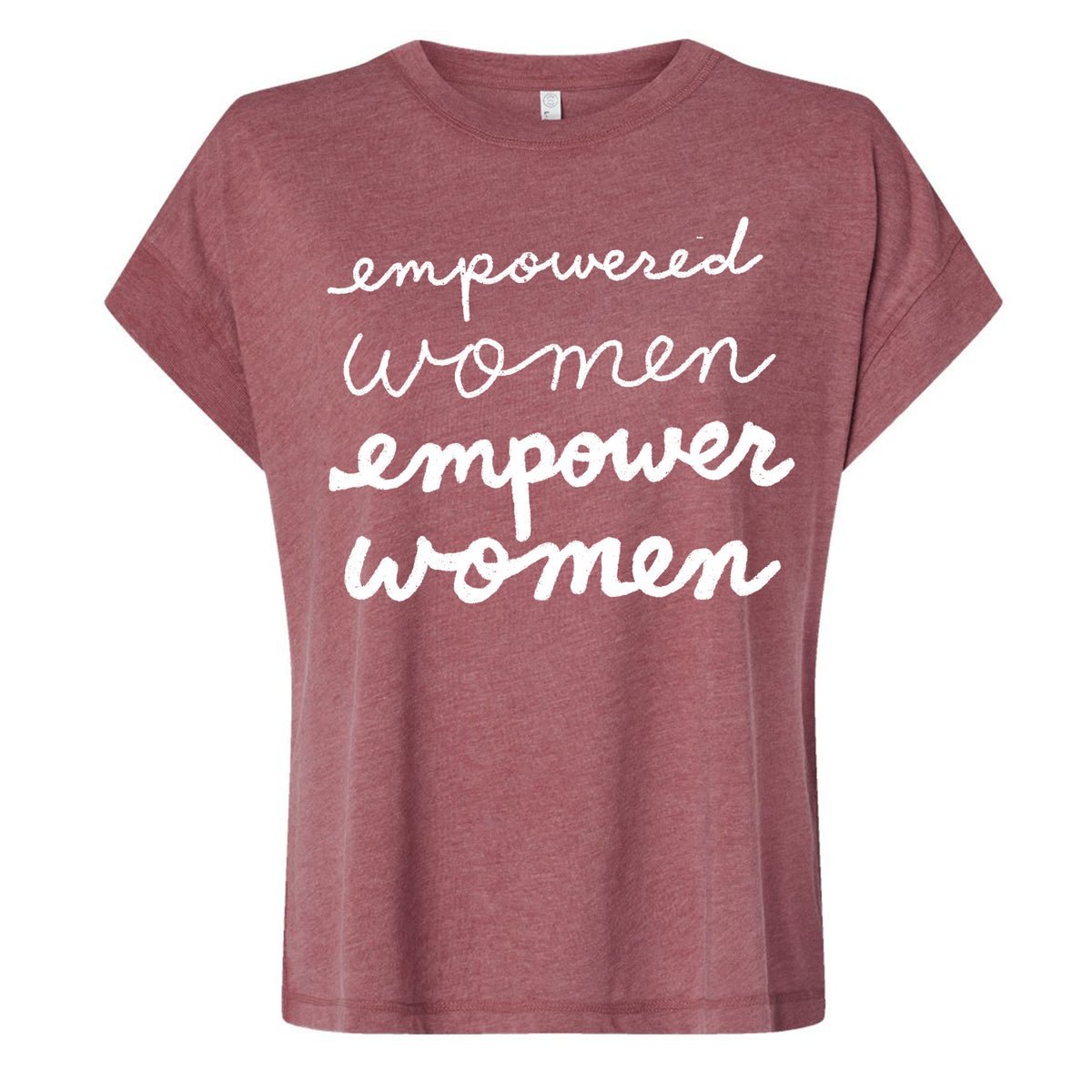 A maroon t-shirt with the text "empowered women empower women" printed on it in white cursive font.