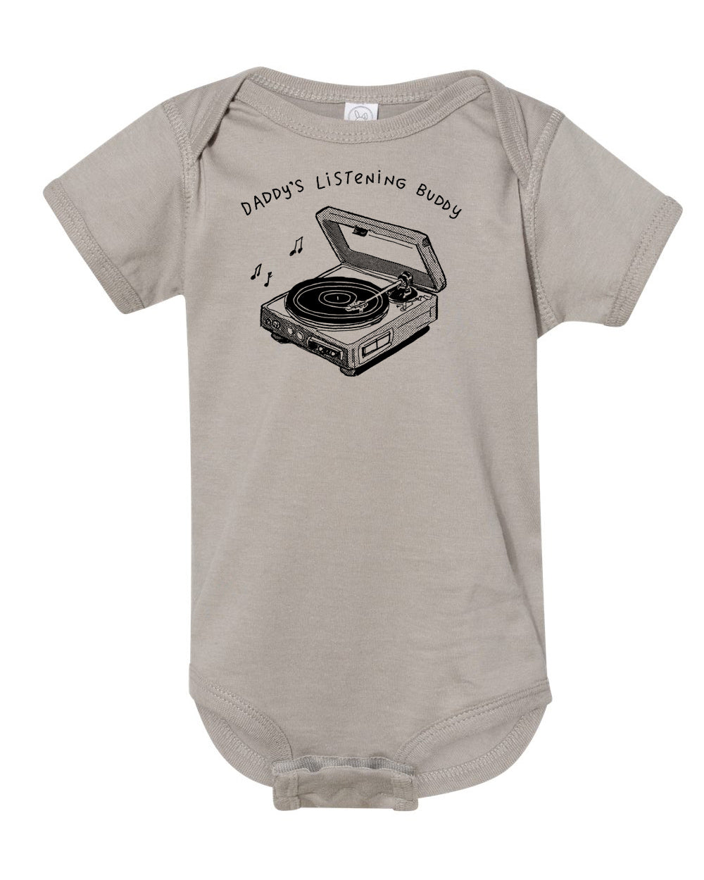 A gray baby onesie with a graphic of a record player and the text "DADDA'S LISTENING BUDDY" printed on it.