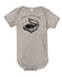 A gray baby onesie with a graphic of a record player and the text "DADDA'S LISTENING BUDDY" printed on it.