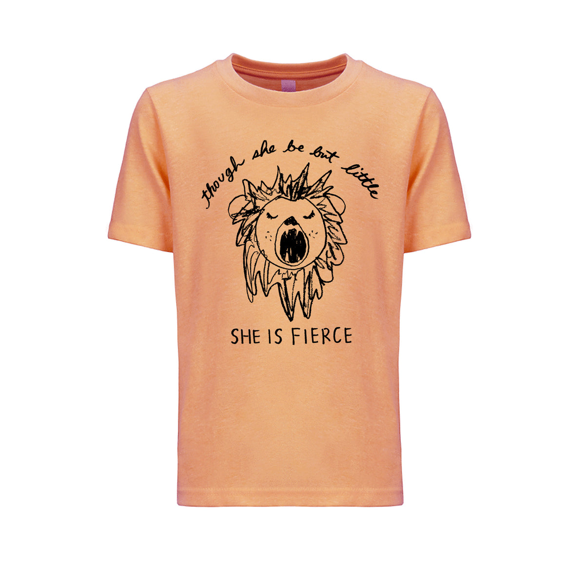 The image is a t-shirt with a graphic design featuring a lion's head and the text "She is fierce" printed on it.