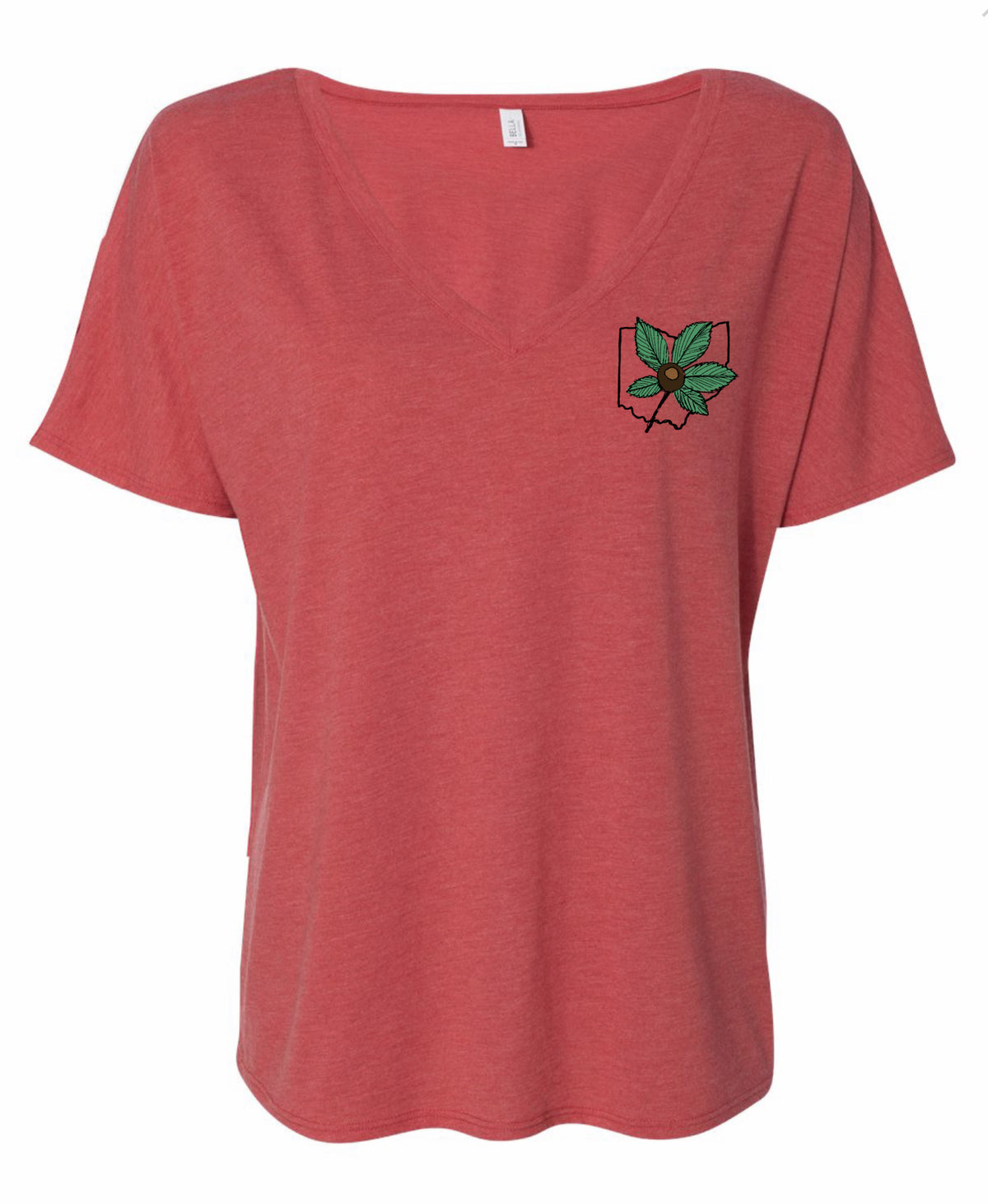 A red t-shirt with a graphic design on the front, featuring a green leaf and a flower-like shape.