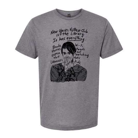 A gray t-shirt with a graphic design featuring a person's face with text surrounding it.