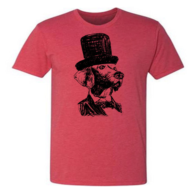 A red t-shirt with a black illustration of a dog wearing a top hat.